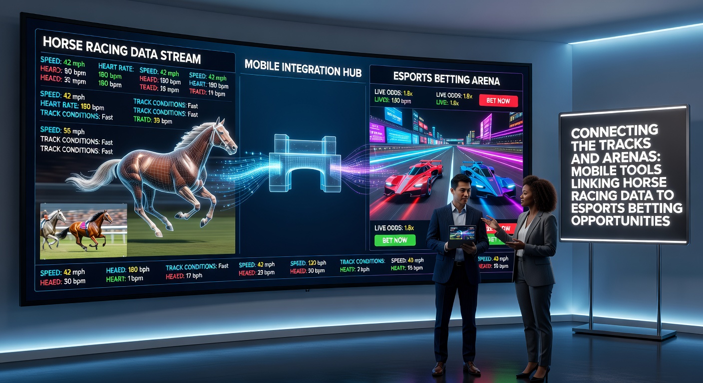 Dashboard view of a mobile tool showing linked analytics between thoroughbred racing metrics and esports tournament data