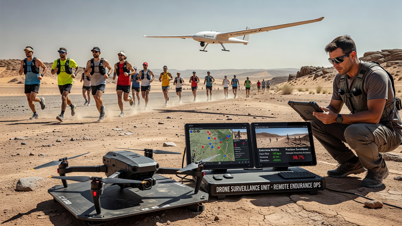 Multiple drones monitoring athlete progress across mountainous endurance terrain