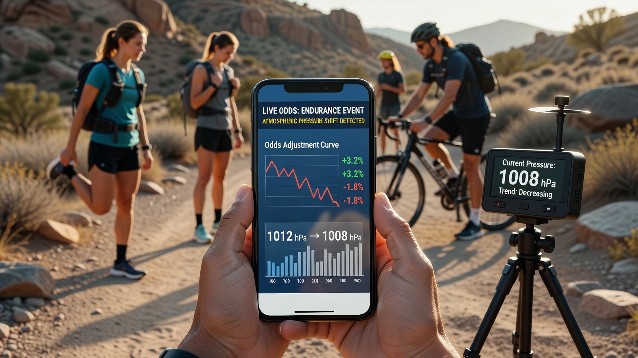 Smartphone displaying real-time endurance event odds with weather data overlay
