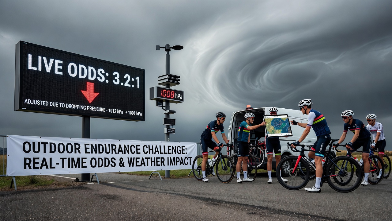 Endurance athletes competing under changing weather conditions with mobile betting interface visible