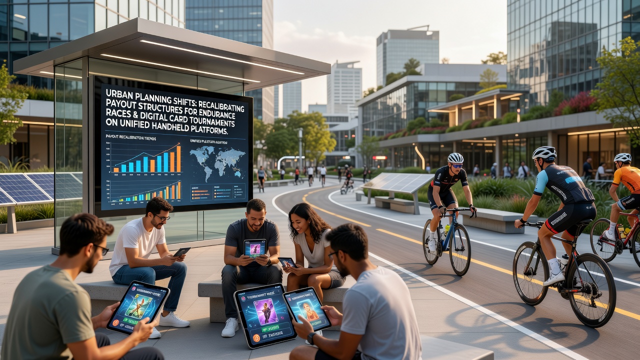 Urban planners reviewing city maps and digital tournament interfaces for endurance events