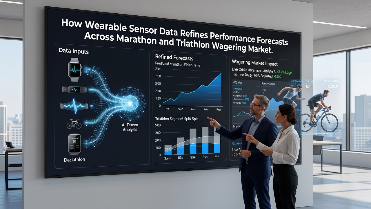 Triathlon athlete reviewing biometric data on a wearable device post-race