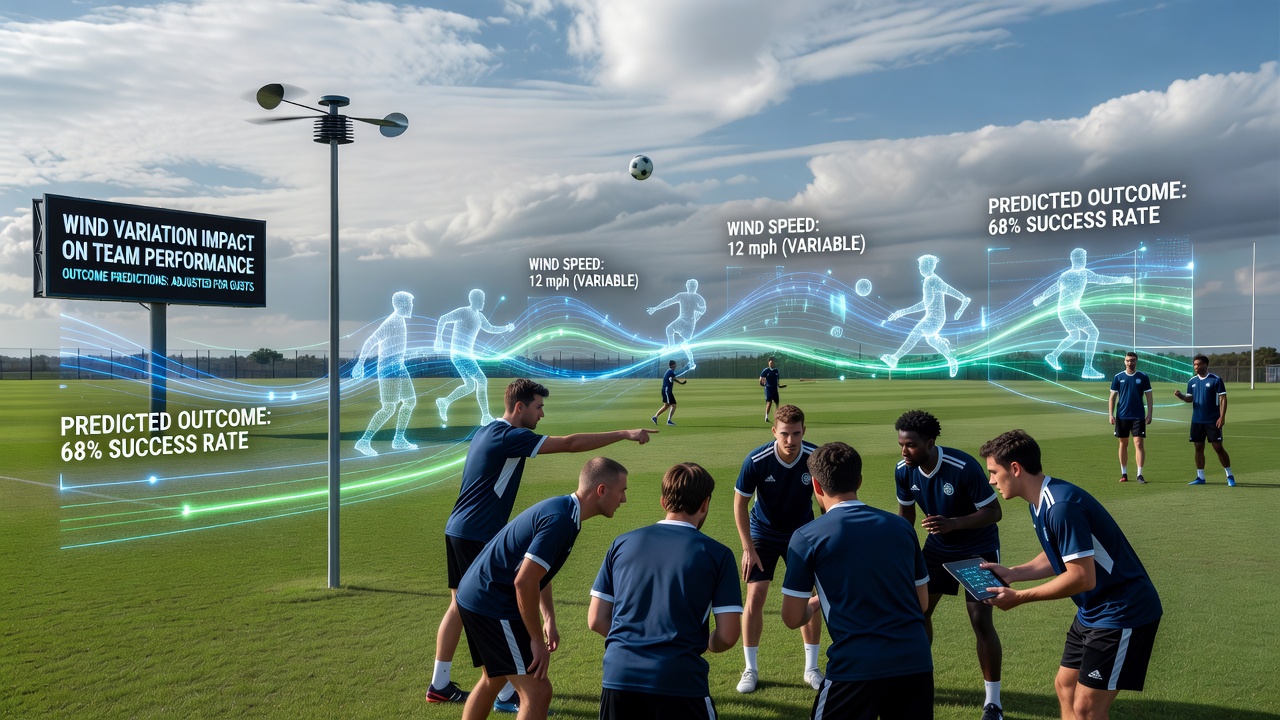 Wind speed data overlay on a soccer field during a professional match showing gust patterns and player positioning adjustments