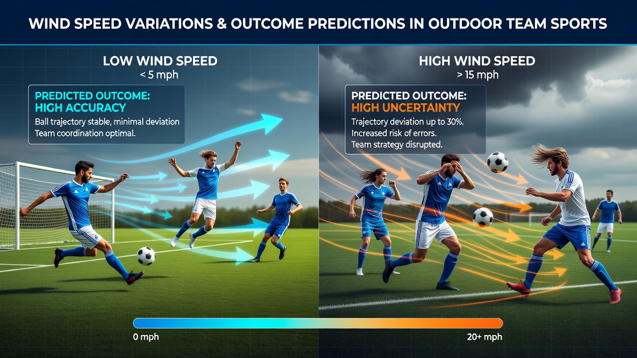 Analysts reviewing wind-adjusted performance metrics on tablets beside an outdoor training pitch with visible weather station equipment