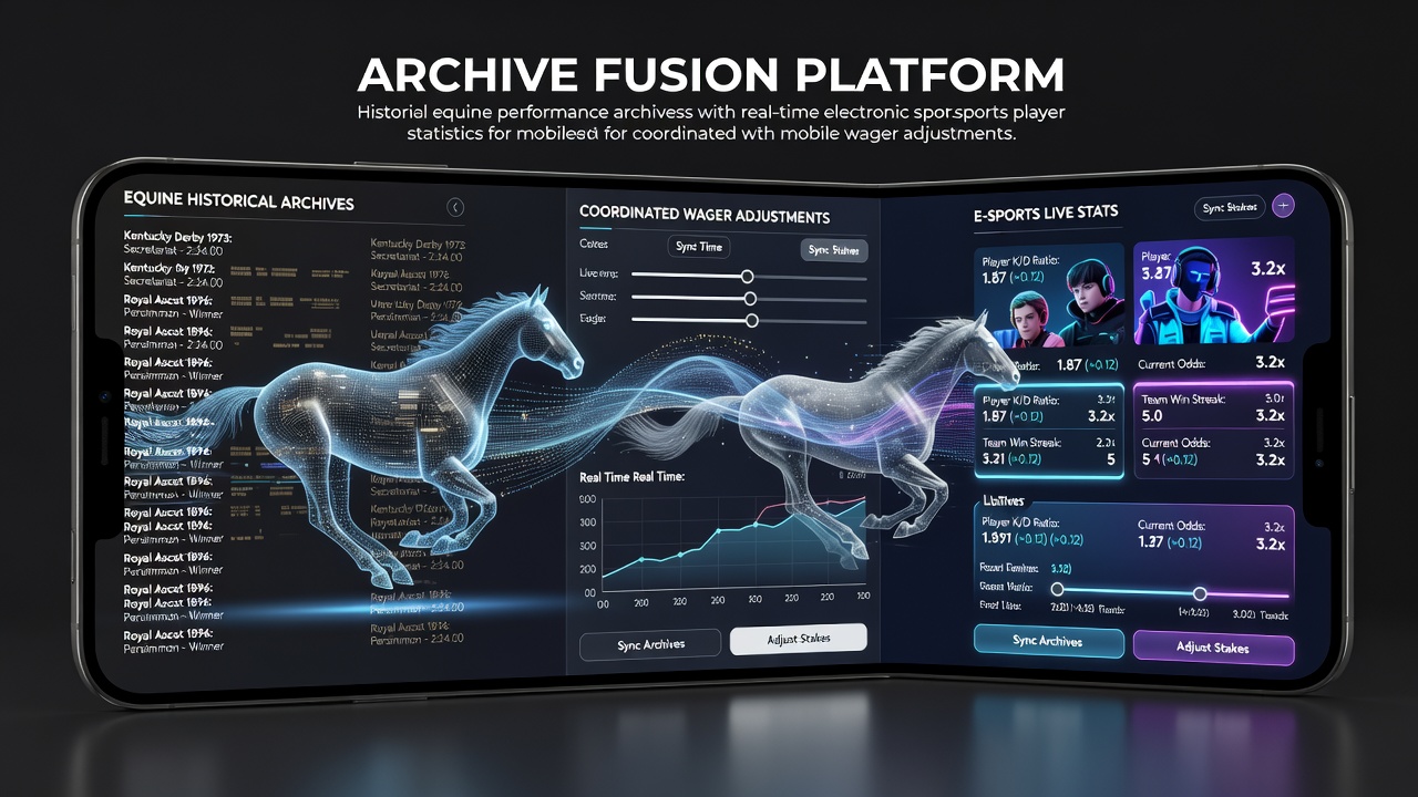 Mobile application interface displaying combined horse racing archives and esports player metrics for wager adjustments