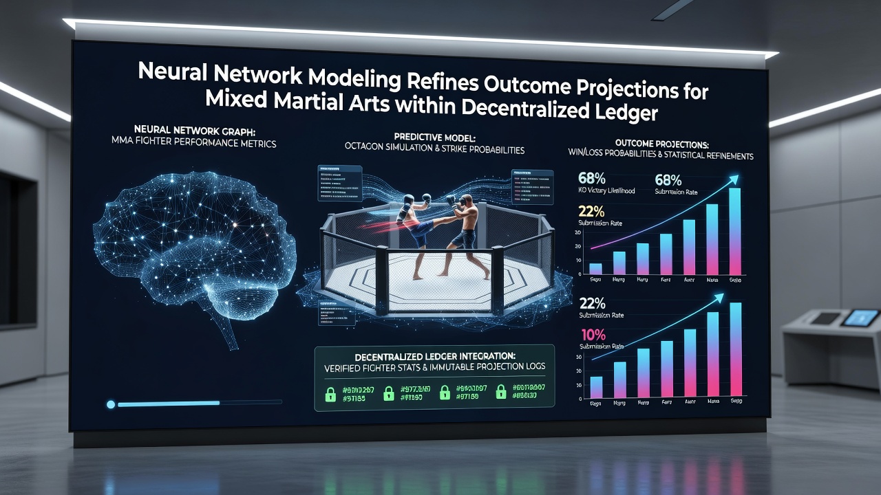 Decentralized ledger interface displaying MMA performance metrics and model updates