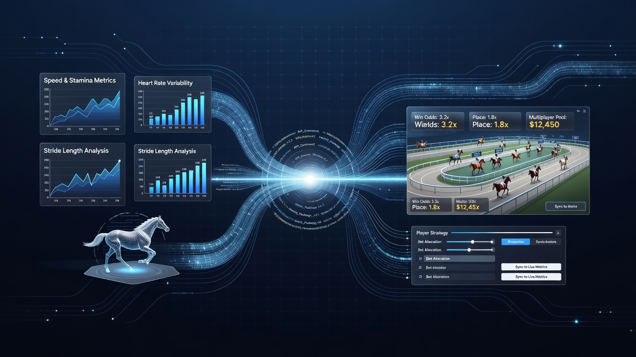 Data visualization showing equine performance metrics flowing into digital wagering interfaces