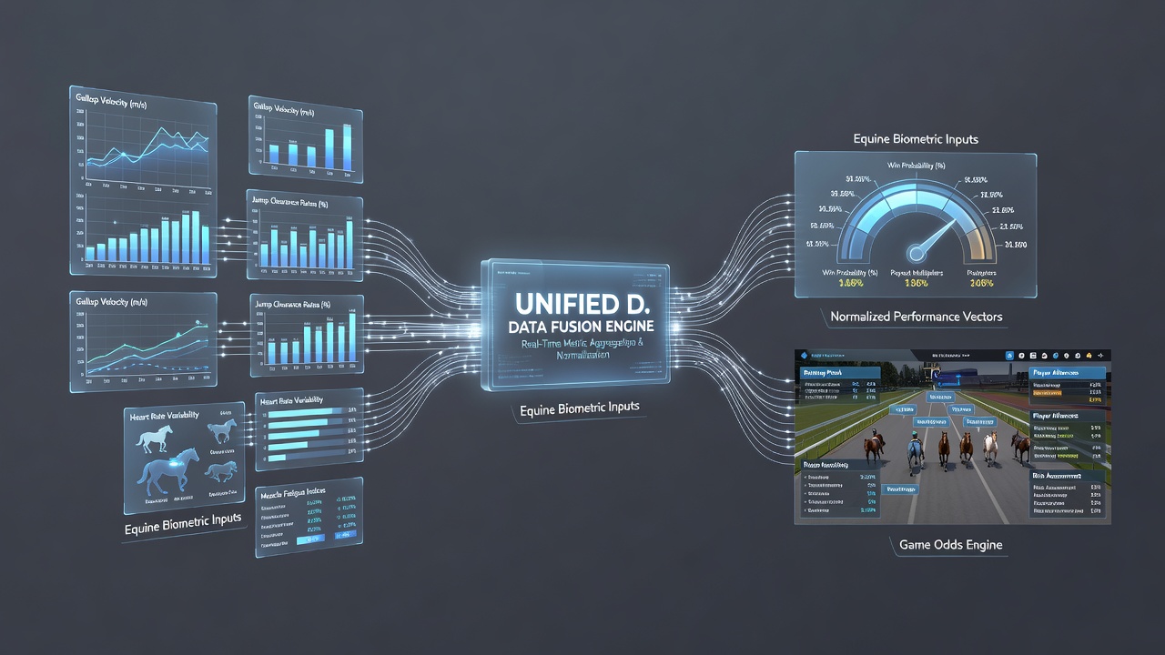 Integrated dashboard displaying cross-category data flows between horse racing metrics and strategy game probabilities