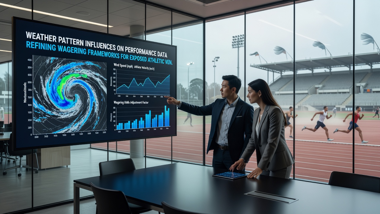 Data analysts reviewing weather-integrated performance dashboards at an open-air sports venue